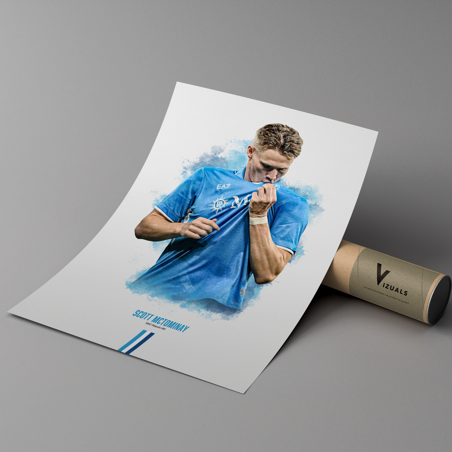 Framed poster print of soccer player Scott McTominay, wearing a Napoli jersey, on a cardboard tube with 'Vizuals' branding.
