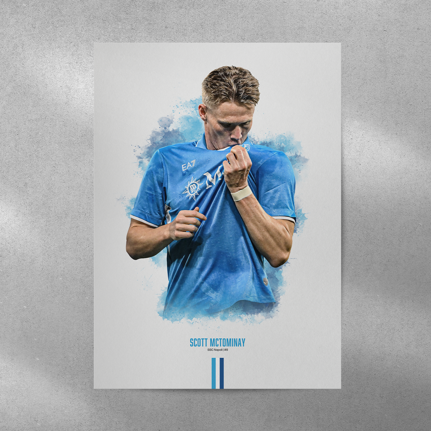 Framed poster print of soccer player Scott McTominay, wearing a Napoli jersey, on a gray background.