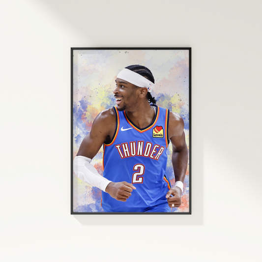 A framed poster of Shai Gilgeous-Alexander in a Thunder basketball uniform, with a colorful abstract design in the background.