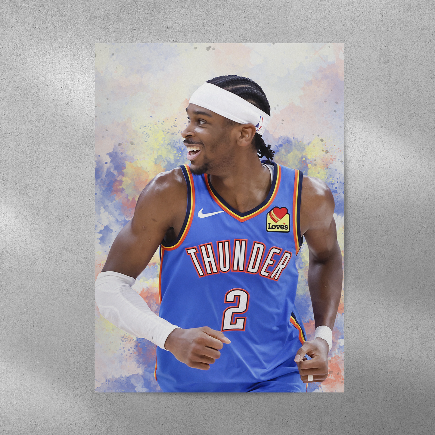 A poster of Shai Gilgeous-Alexander in a Thunder basketball uniform, with a colorful abstract design in the background.