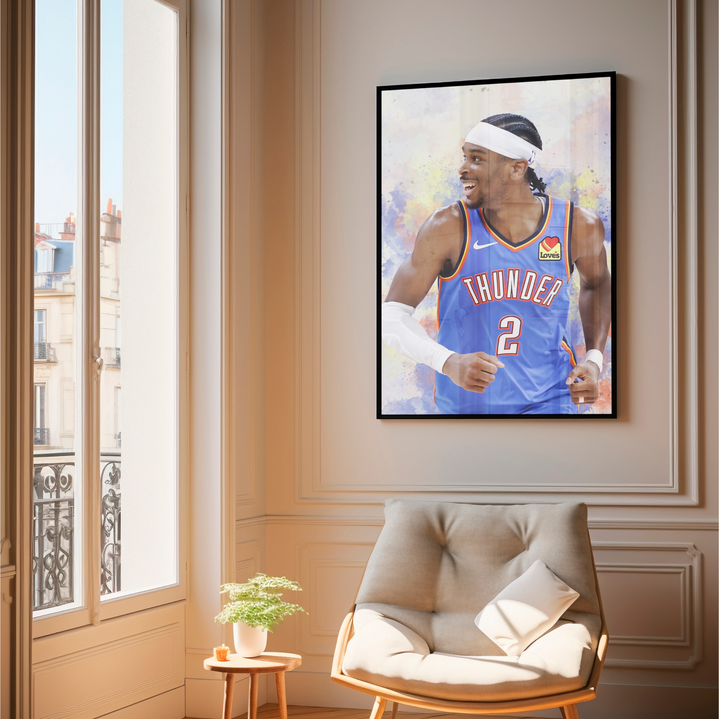 A framed poster of Shai Gilgeous-Alexander in a Thunder basketball uniform, with a colorful abstract design in the background.