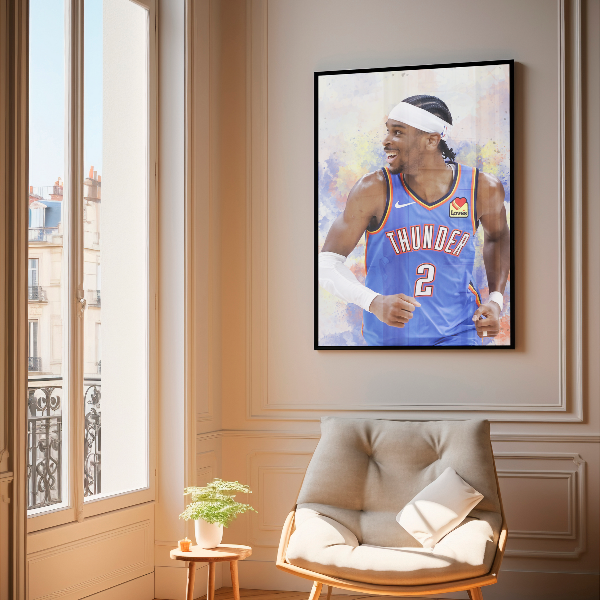 A framed poster of Shai Gilgeous-Alexander in a Thunder basketball uniform, with a colorful abstract design in the background.