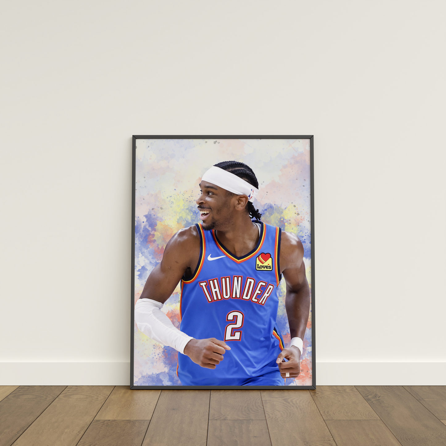 A framed poster of Shai Gilgeous-Alexander in a Thunder basketball uniform, with a colorful abstract design in the background.