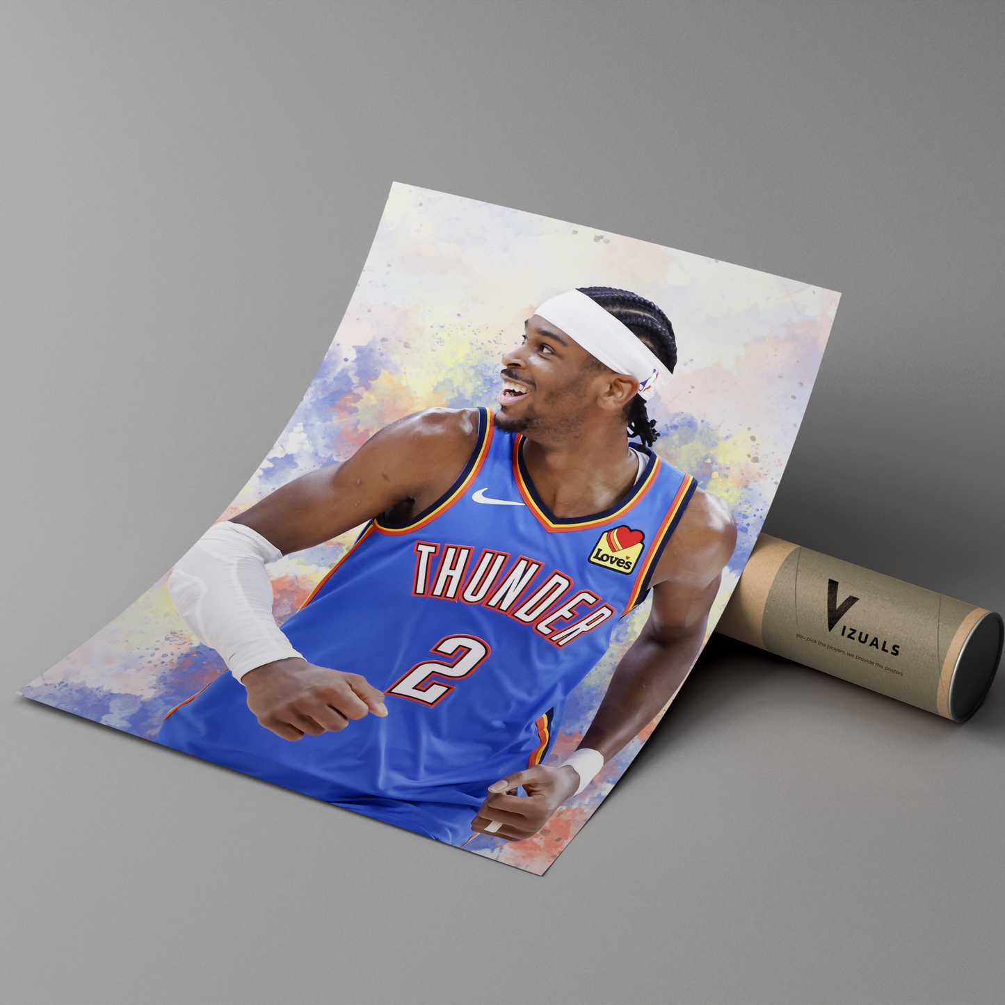 A poster of Shai Gilgeous-Alexander in a Thunder basketball uniform, with a colorful abstract design in the background.