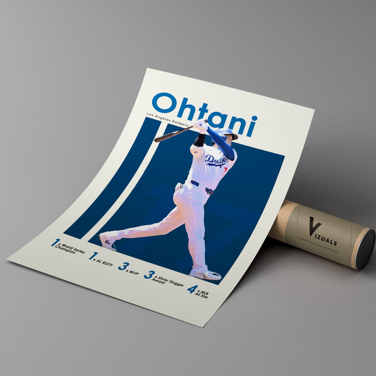 poster mockup leaning on a branded cardboard tube. poster of baseball player shohei ohtani playing for the Los Angeles Dodgers.