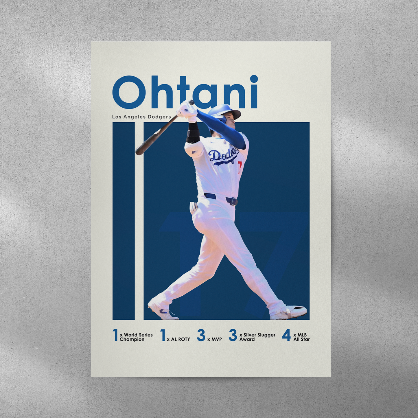 poster mockup on a grey wall. poster of baseball player shohei ohtani playing for the Los Angeles Dodgers.
