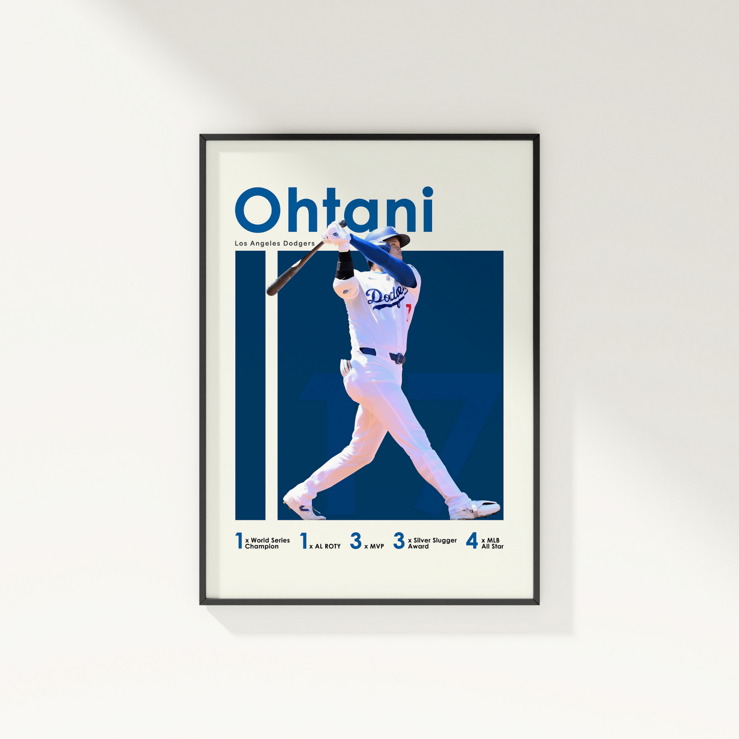 framed poster mockup hanging on a white wall. poster of baseball player shohei ohtani playing for the Los Angeles Dodgers.