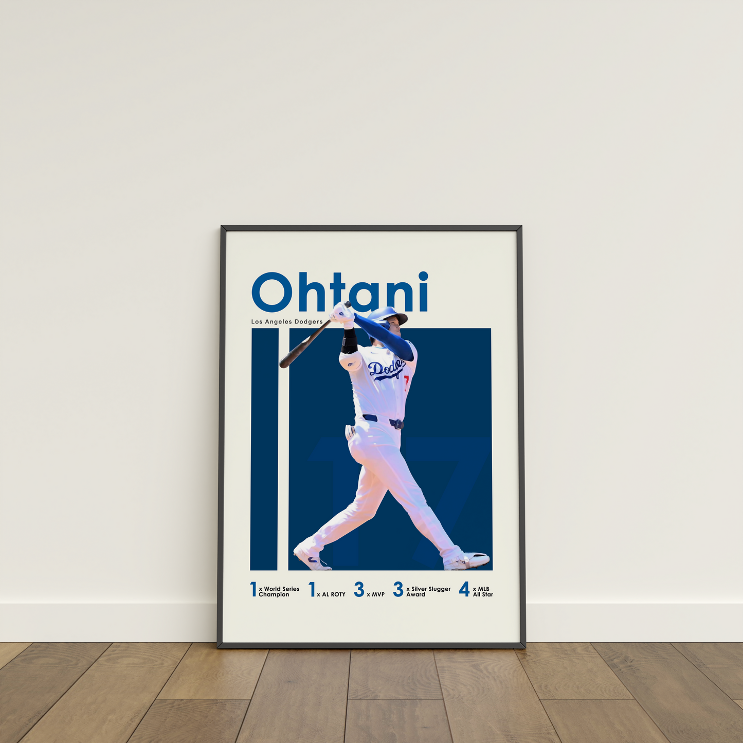 framed poster mockup leaning on a white wall. poster of baseball player shohei ohtani playing for the Los Angeles Dodgers.