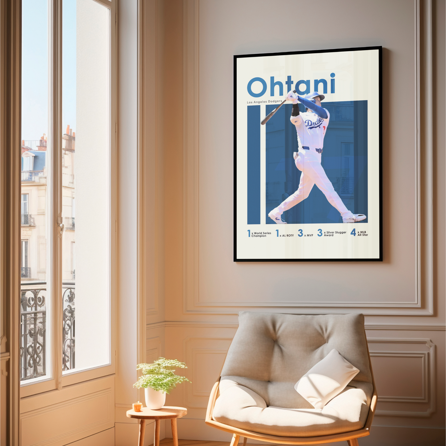 framed poster mockup hanging in a living room. poster of baseball player shohei ohtani playing for the Los Angeles Dodgers.