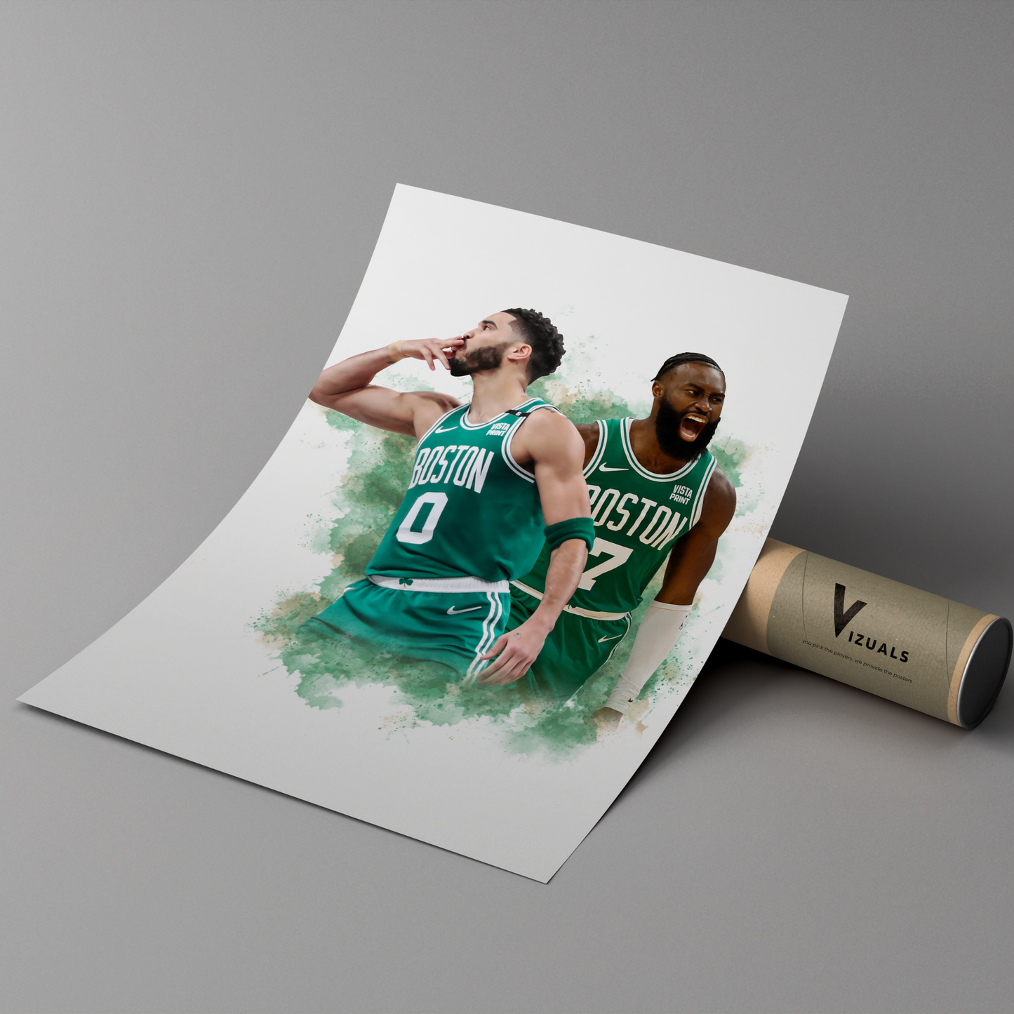 poster mockup leaning on a branded cardboard tube. poster of basketball players jayson tatum and jaylen brown celebrating for the boston celtics.