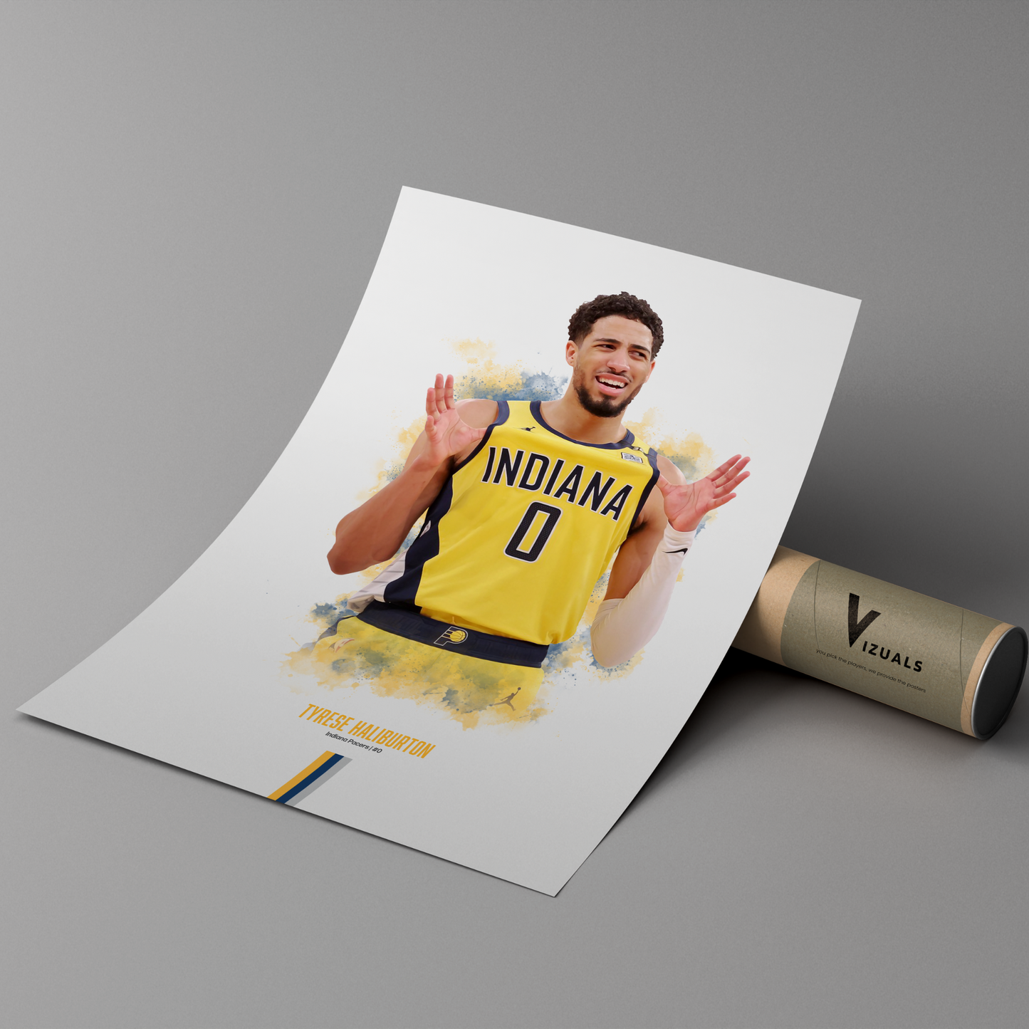poster mockup leaning on a branded cardboard tube. poster of basketball player tyrese haliburton celebrating for the indiana pacers.