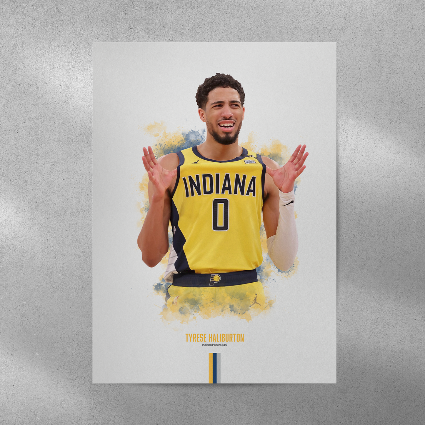poster mockup on a grey wall. poster of basketball player tyrese haliburton celebrating for the indiana pacers.
