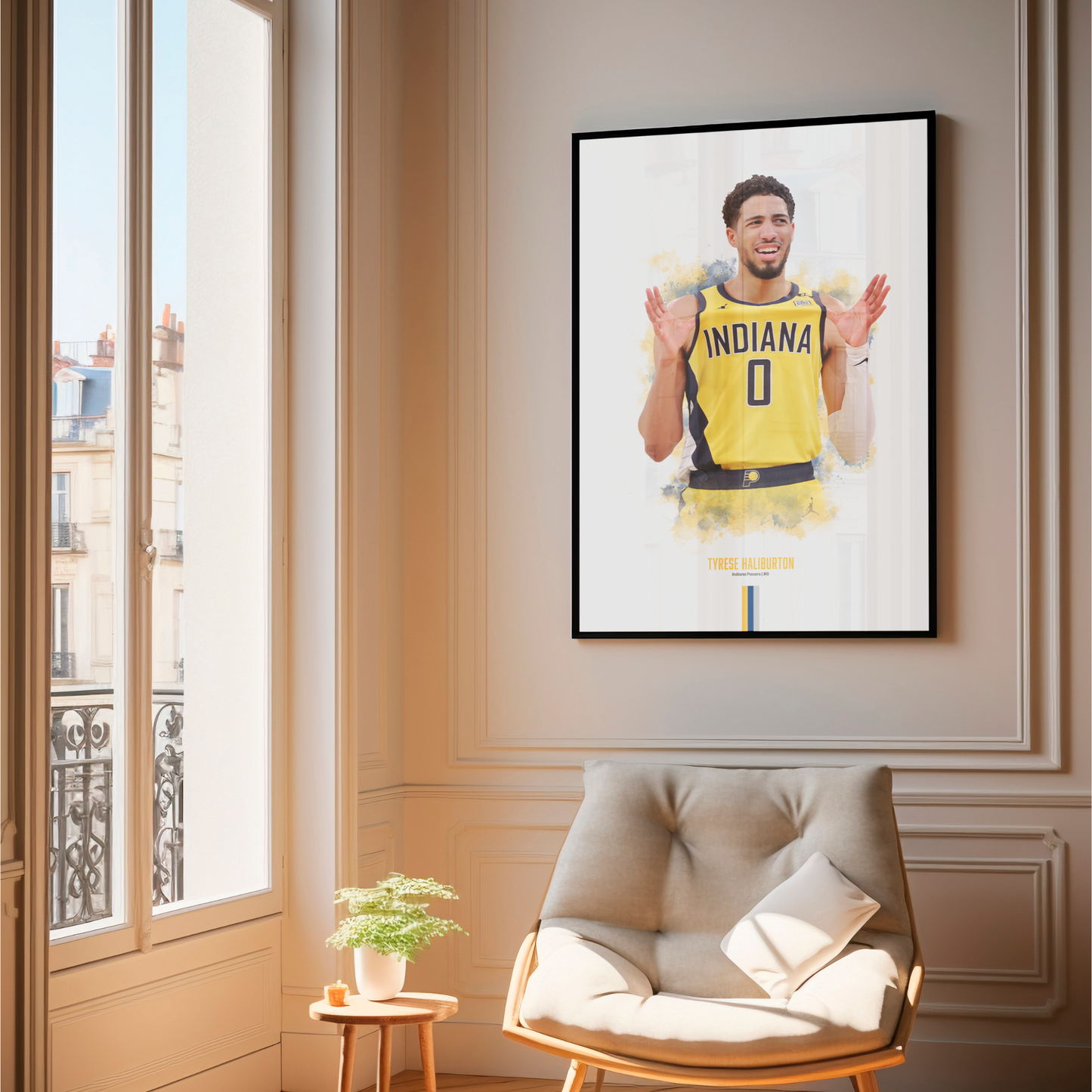 framed poster mockup hanging in a living room. poster of basketball player tyrese haliburton celebrating for the indiana pacers.
