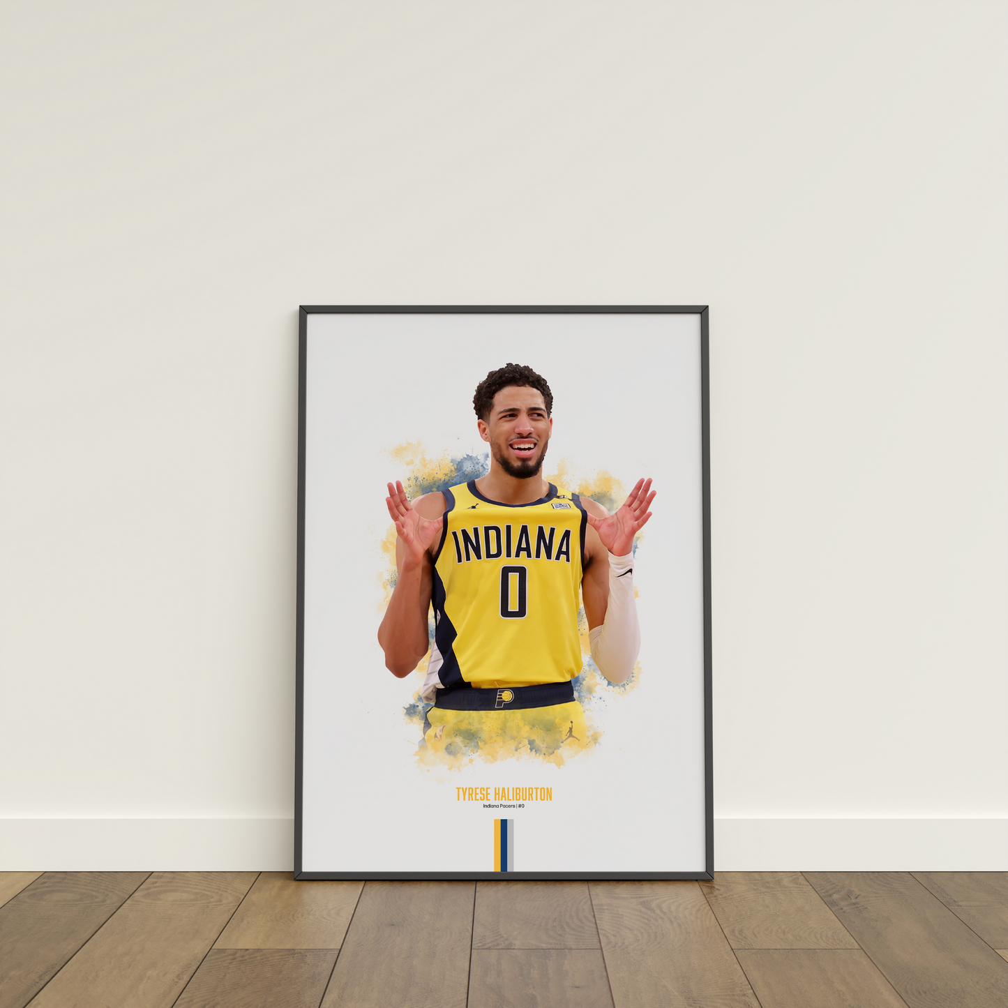 framed poster mockup leaning on a white wall. poster of basketball player tyrese haliburton celebrating for the indiana pacers.