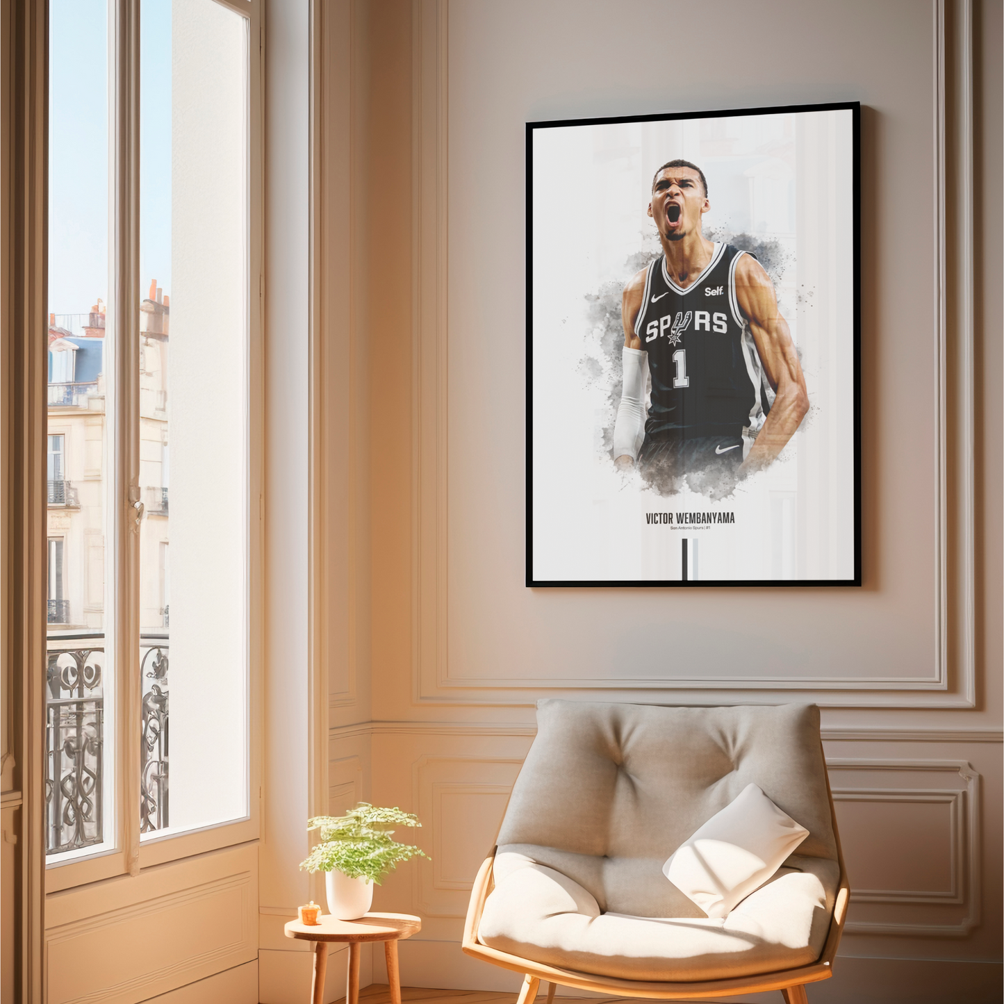 framed poster mockup hanging in a living room. poster of basketball player victor wembanyama celebrating for the san antonio spurs.