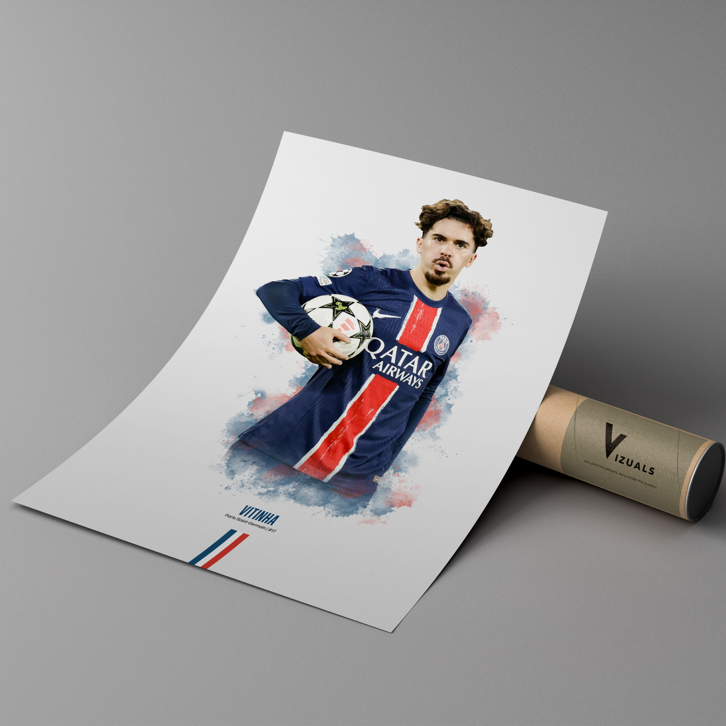 Framed poster print of soccer player Vitinha, wearing a PSG jersey, on a cardboard tube with 'Vizuals' branding.