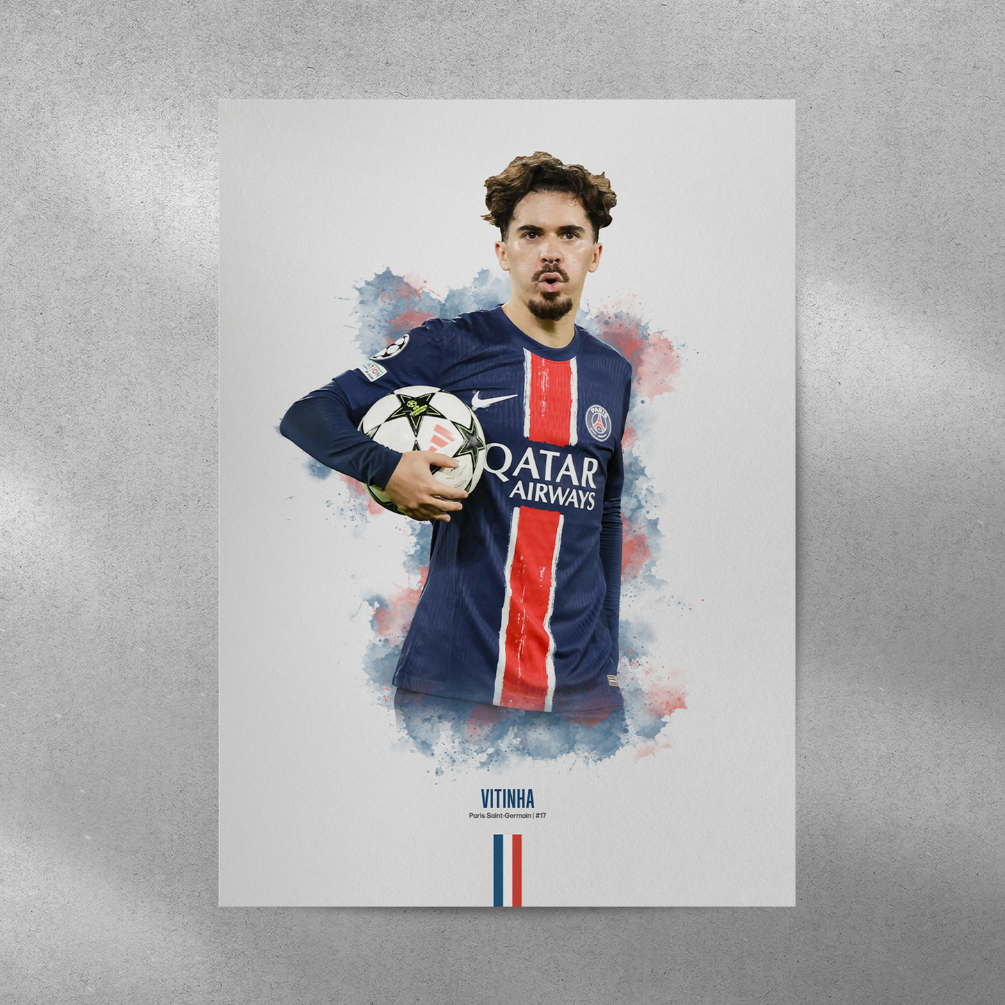 Poster print of soccer player Vitinha, wearing a PSG jersey, on a gray background.