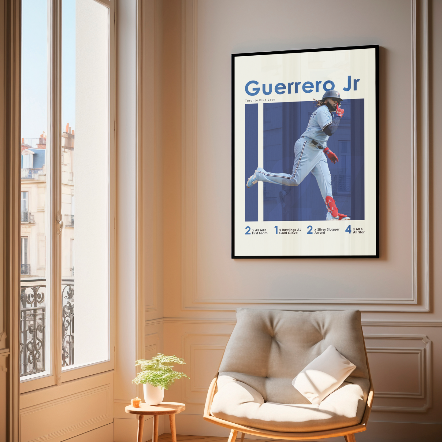 framed poster mockup hanging in a living room. poster of baseball player vladimir guerrero jr celebrating for the Toronto Blue Jays.