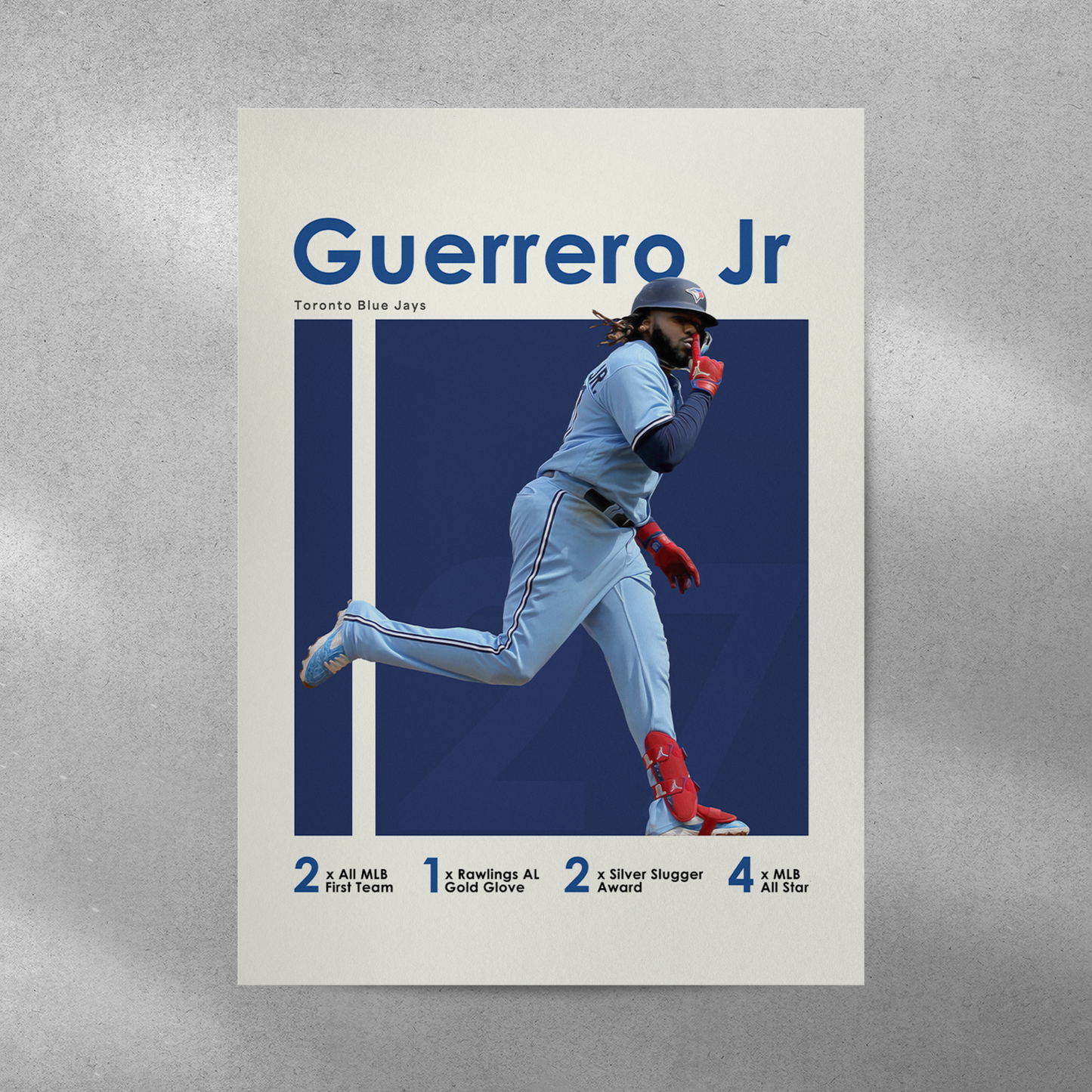poster mockup on a grey wall. poster of baseball player vladimir guerrero jr celebrating for the Toronto Blue Jays.