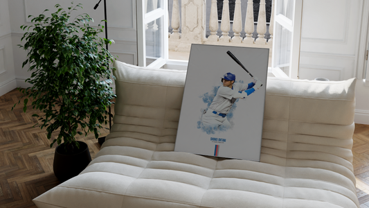 framed poster mockup of baseball player shohei ohtani playing for the los angeles dodgers
