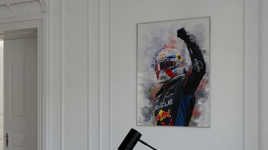 framed wall art of formula 1 driver max verstappen celebrating for red bull racing