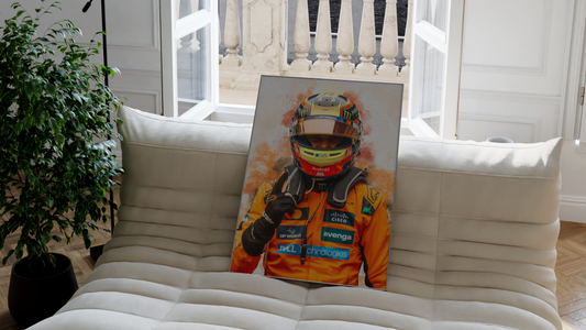framed poster mockup of formula 1 driver oscar piastri celebrating for mclaren