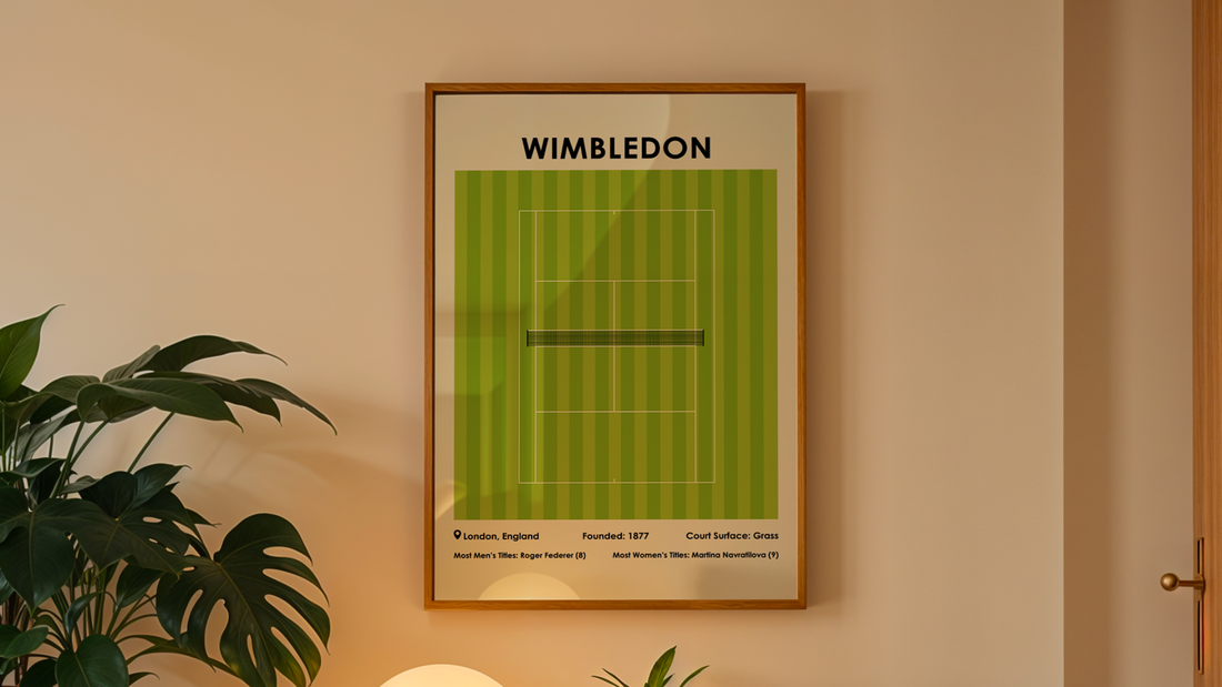 framed poster mockup of Wimbledon tennis court next to a plant