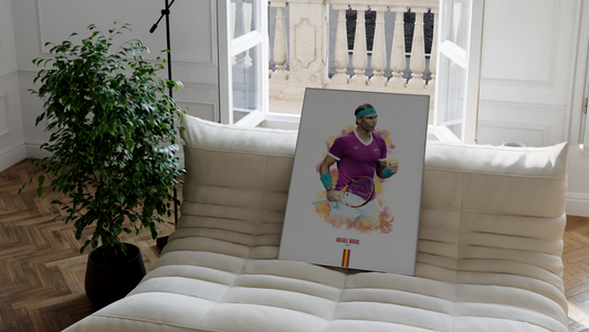 Framed poster mockup of rafael nadal playing tennis