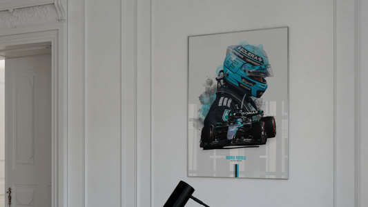 framed poster mockup of mercedes driver george russell