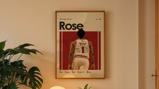 framed poster of basketball player derrick rose with 'Rose' typography on a white wall