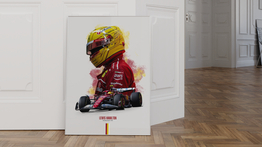 framed poster of Ferrari driver Lewis Hamilton and his Ferrari f1 car leaning on a white door