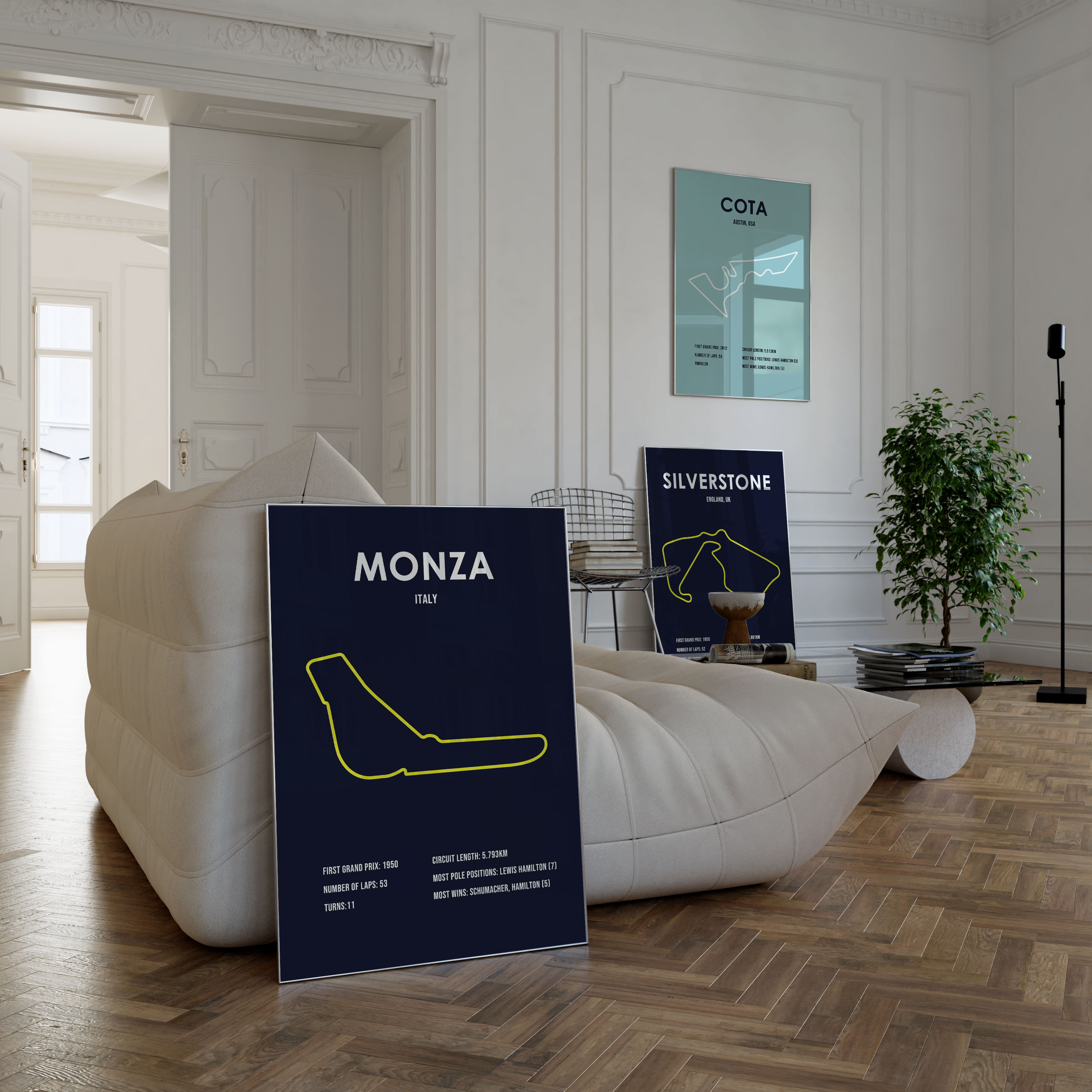 framed poster mockups of formula 1 drivers lando norris, alex albon, and sebastian vettel