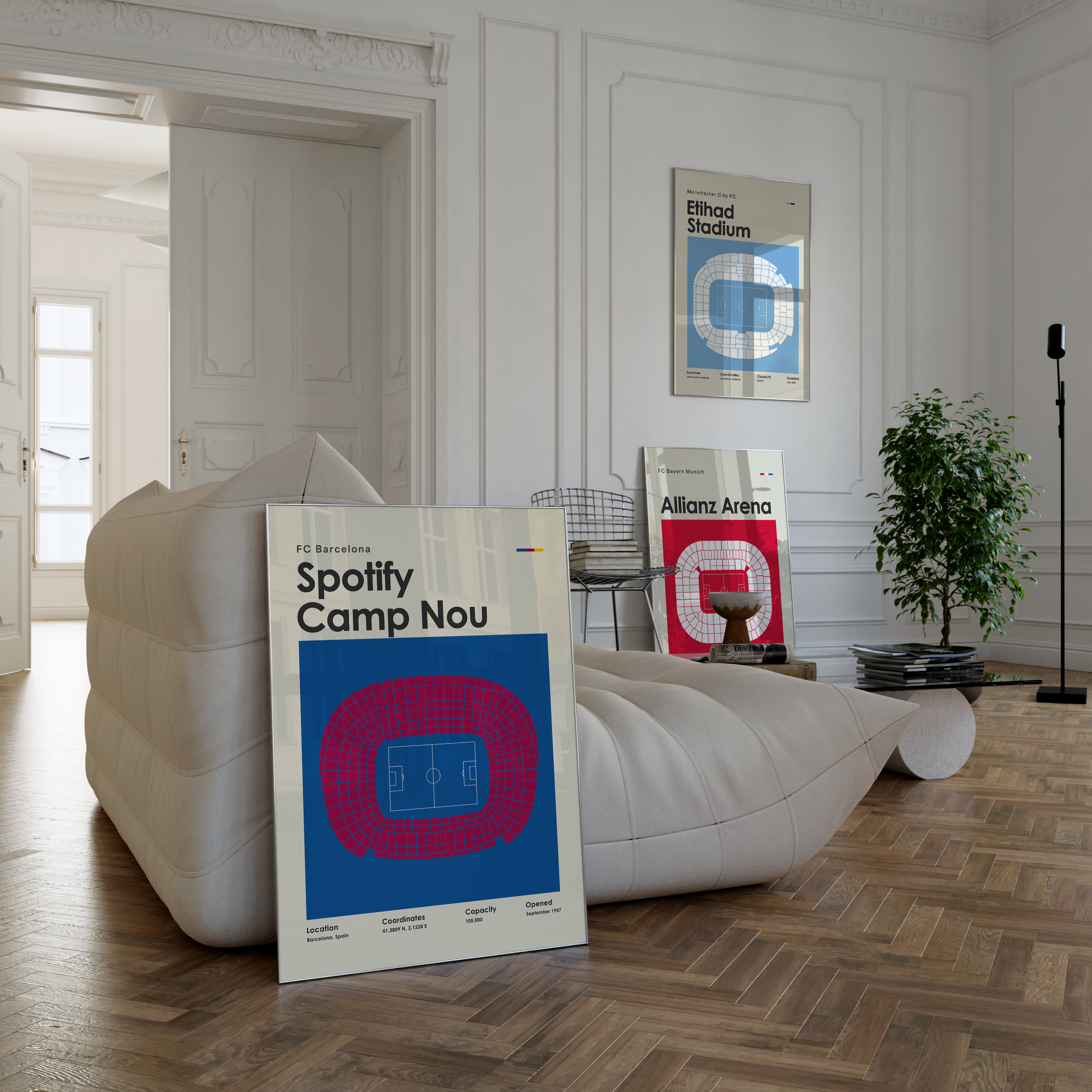 framed poster mockups of soccer players kylian mbappe, lionel messi, and virgil van dijk