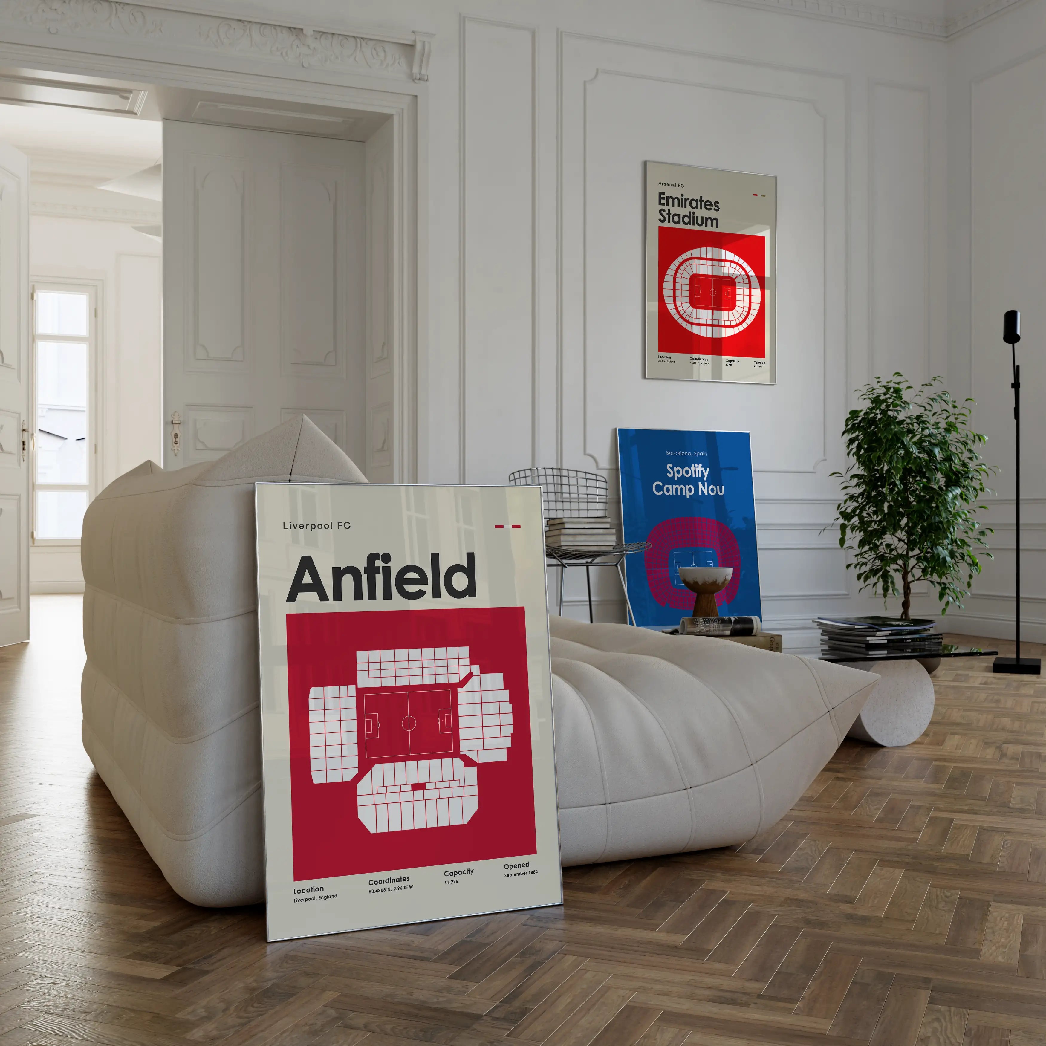 framed poster mockups of soccer players kylian mbappe, lionel messi, and virgil van dijk