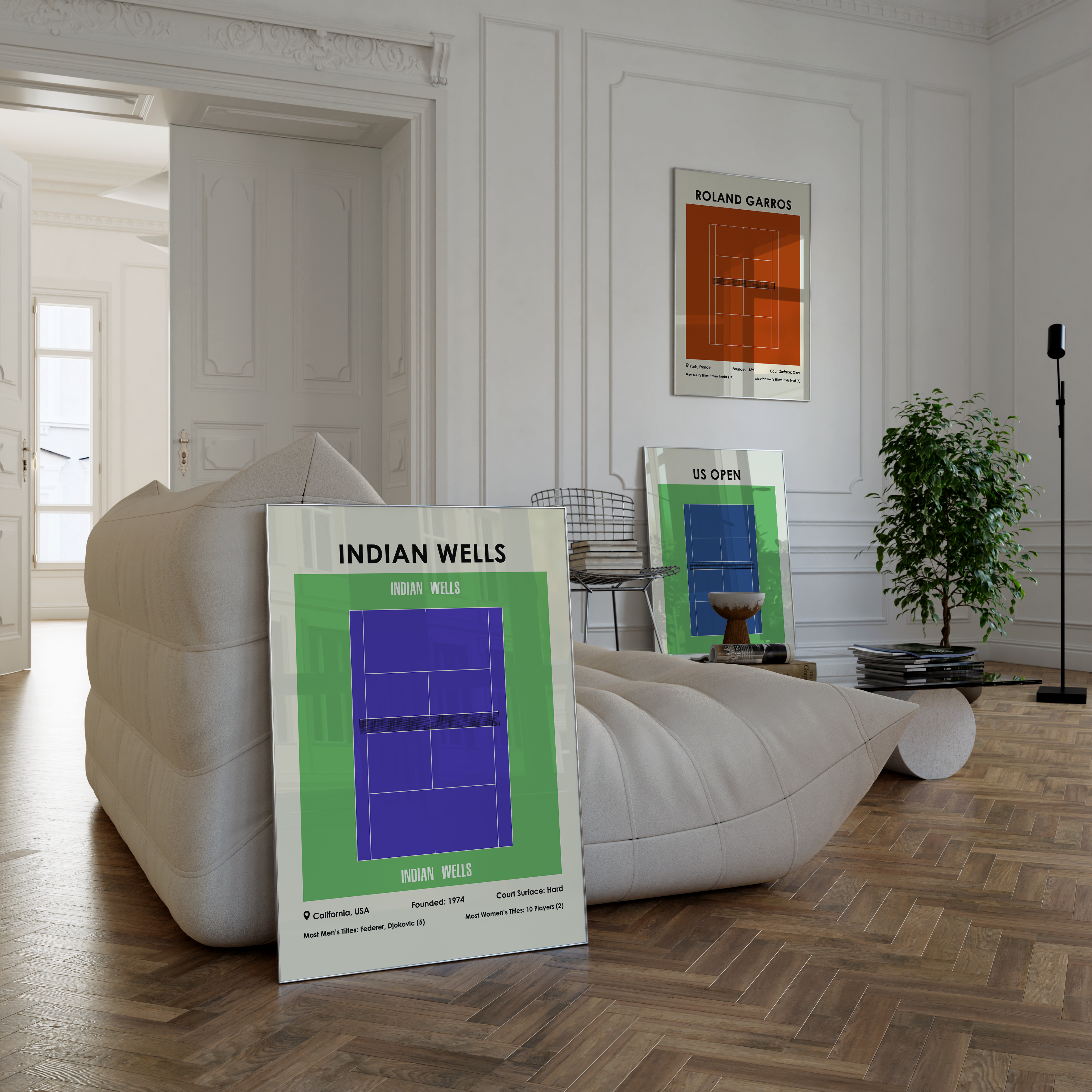 framed poster mockups of tennis players taylor fritz, carlos alcaraz, and roger federer