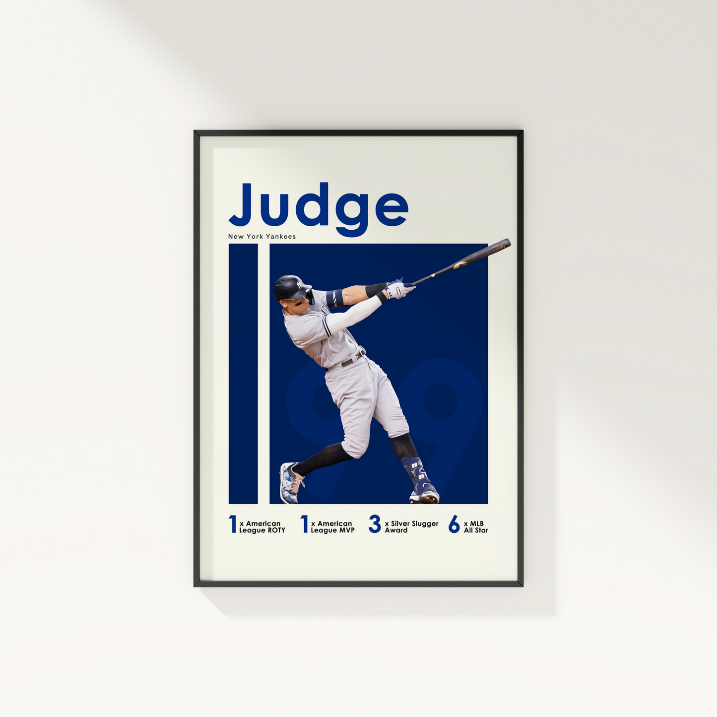 framed poster mockup of baseball player aaron judge hanging on a white wall