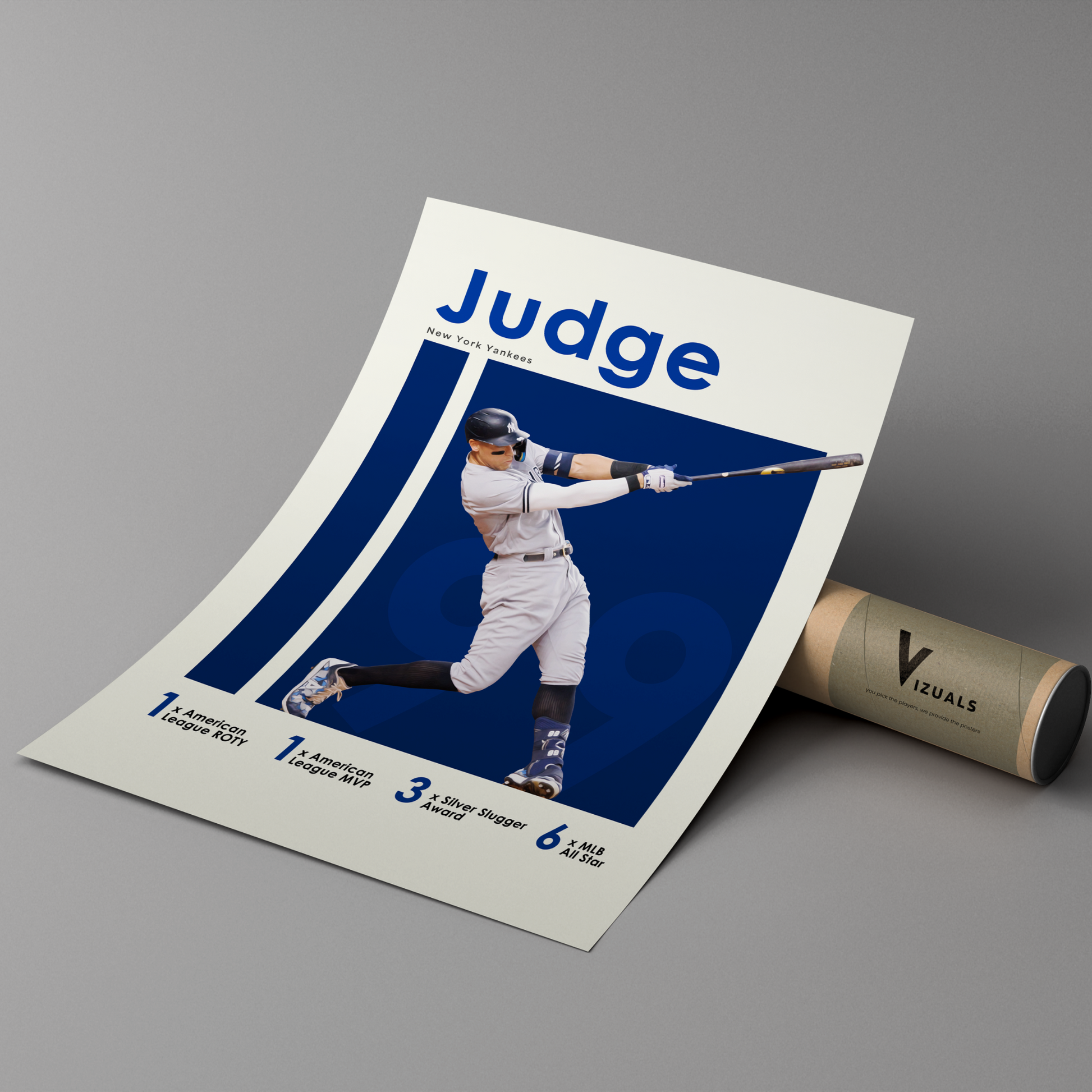 poster mockup of baseball player aaron judge leaning on a protective cardboard tube