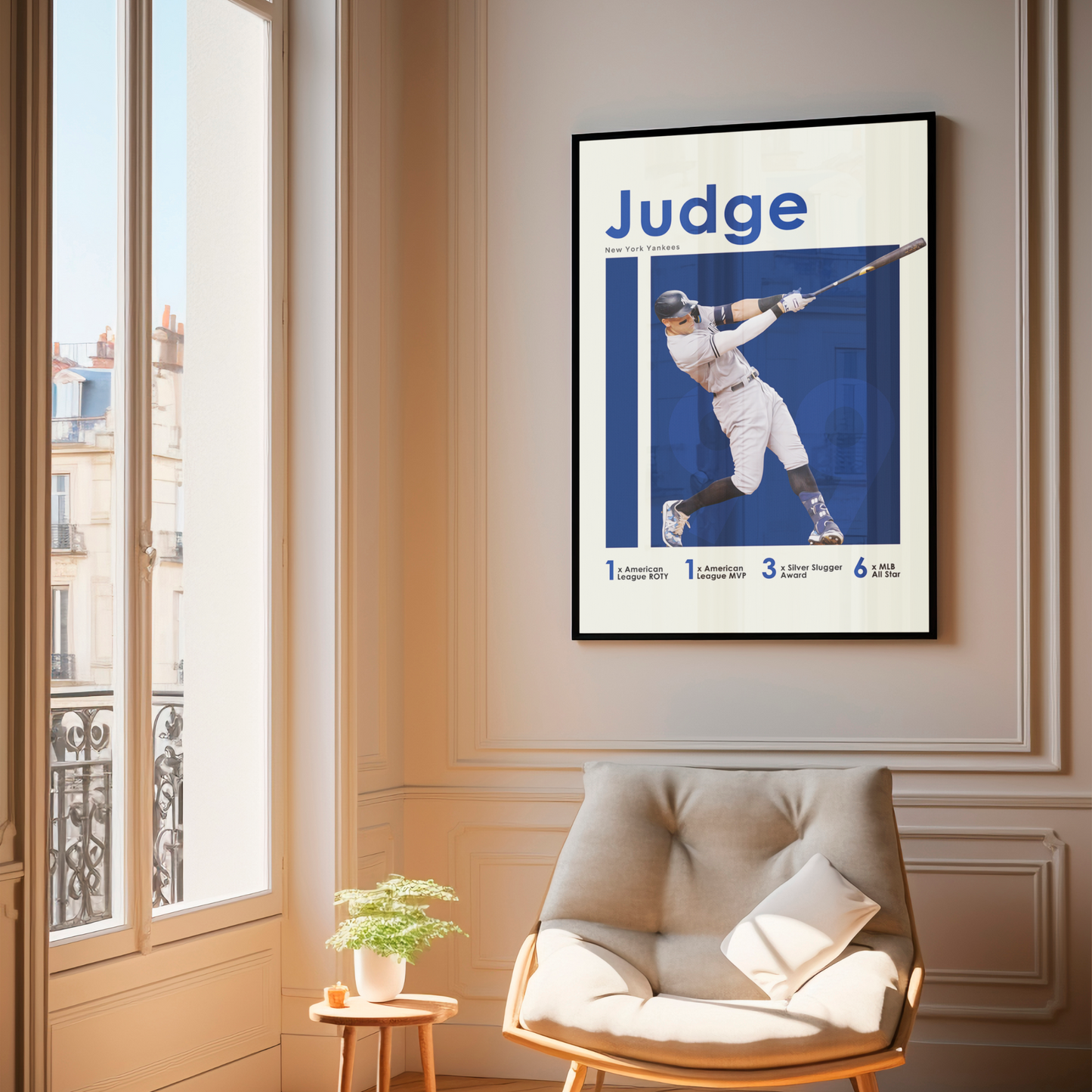 framed poster mockup of baseball player aaron judge hanging in a living room