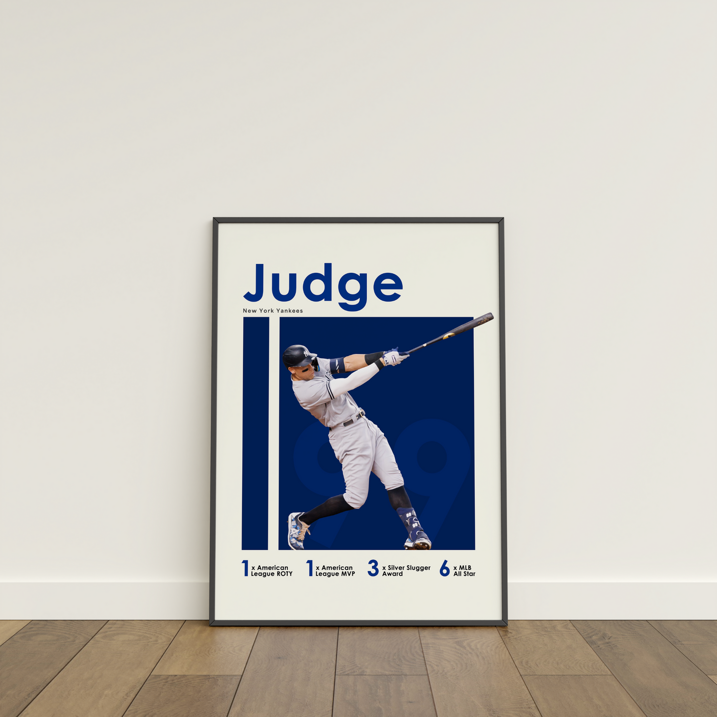 framed poster mockup of baseball player aaron judge leaning on a white wall