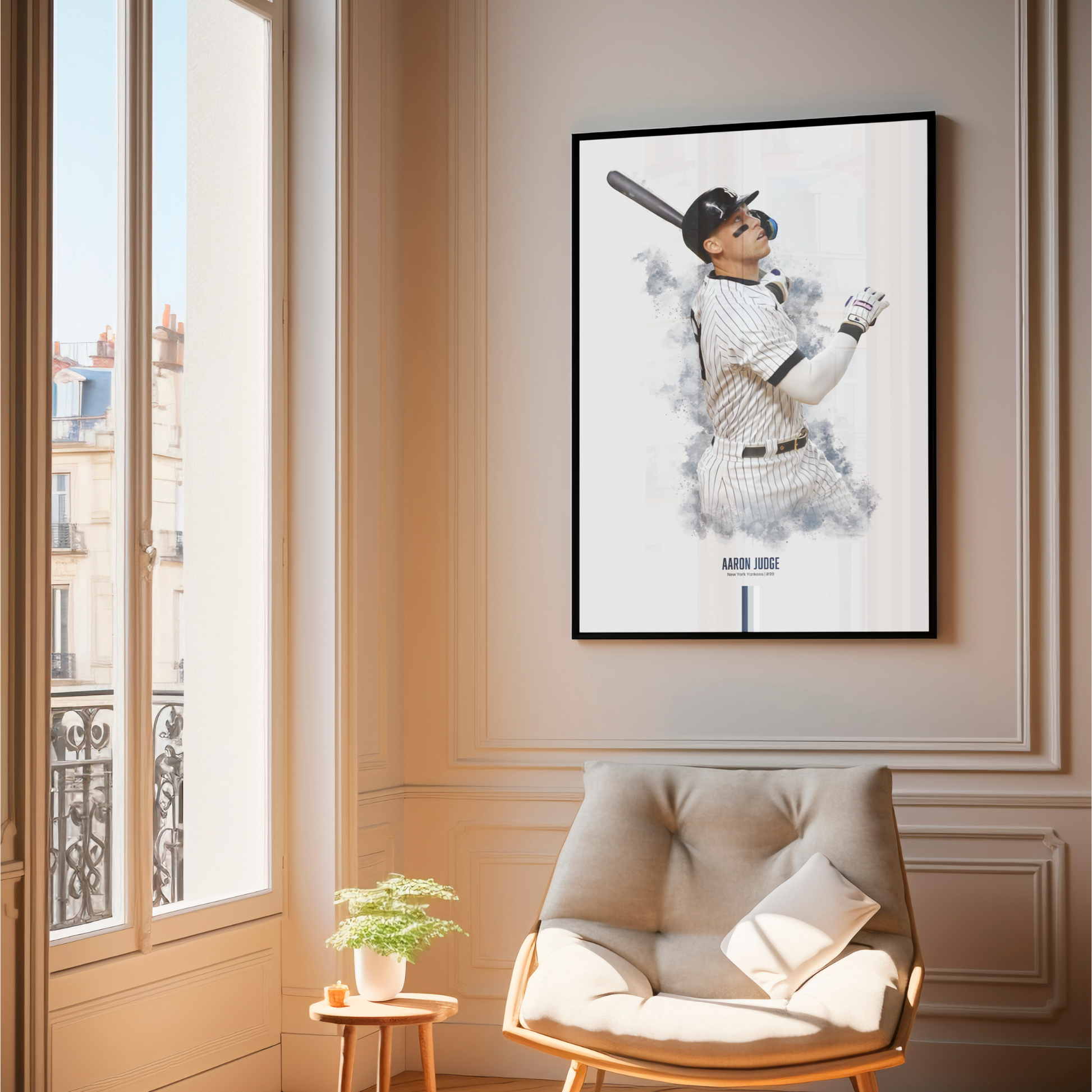 framed poster mockup of baseball player aaron judge hanging in a living room