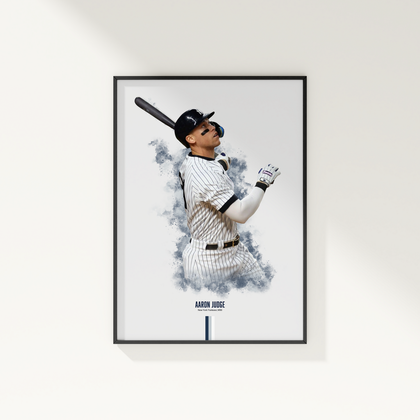 framed poster mockup of baseball player aaron judge hanging on a white wall