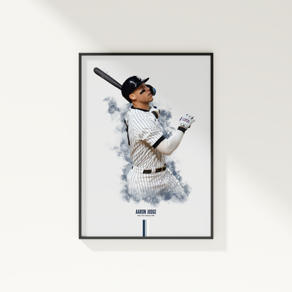 framed poster mockup of baseball player aaron judge hanging on a white wall