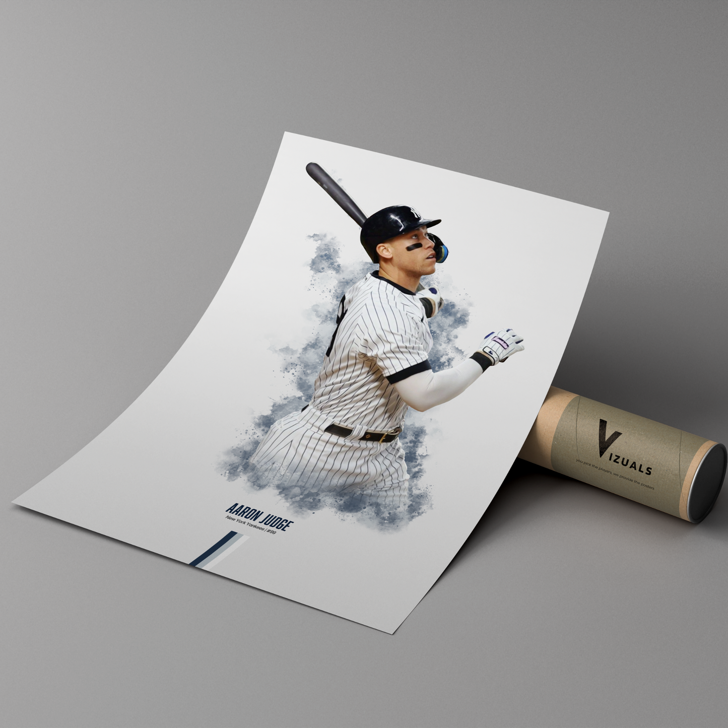 poster mockup of baseball player aaron judge leaning on a protective cardboard tube 