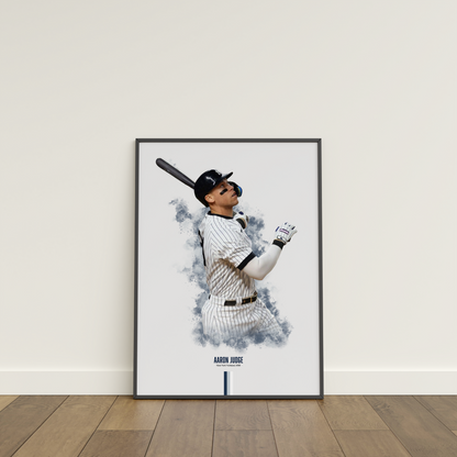 framed poster mockup of baseball player aaron judge leaning on a white wall