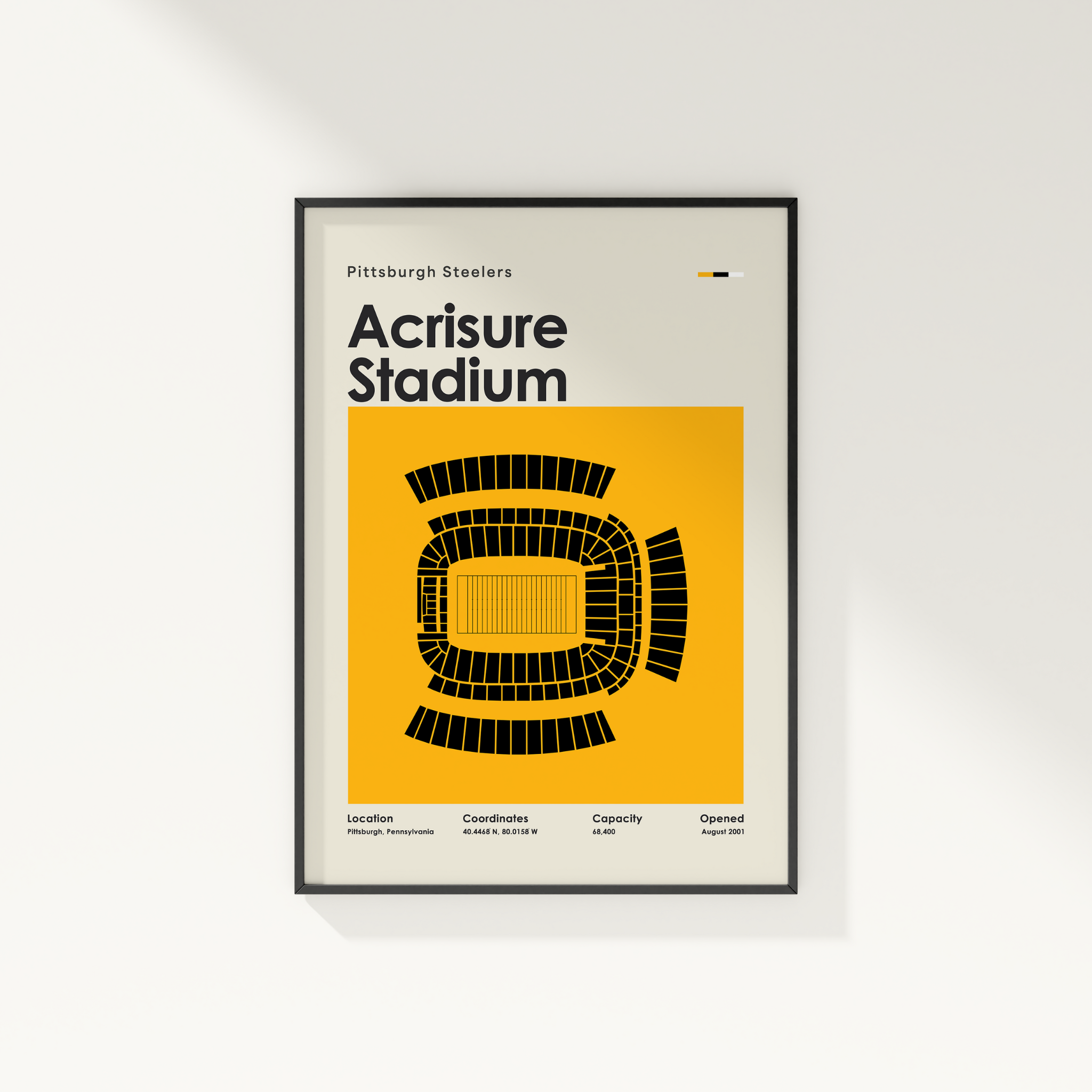 Framed poster of Acrisure Stadium with Pittsburgh Steelers text on a white wall.