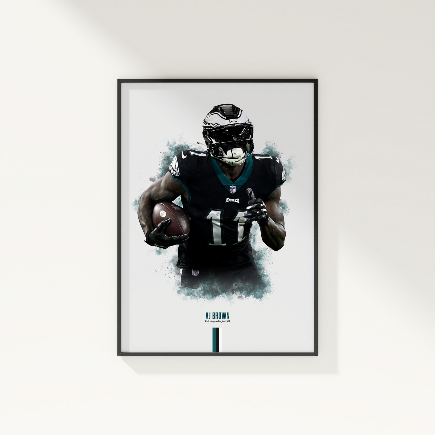 framed poster mockup of football player aj brown hanging on a white wall