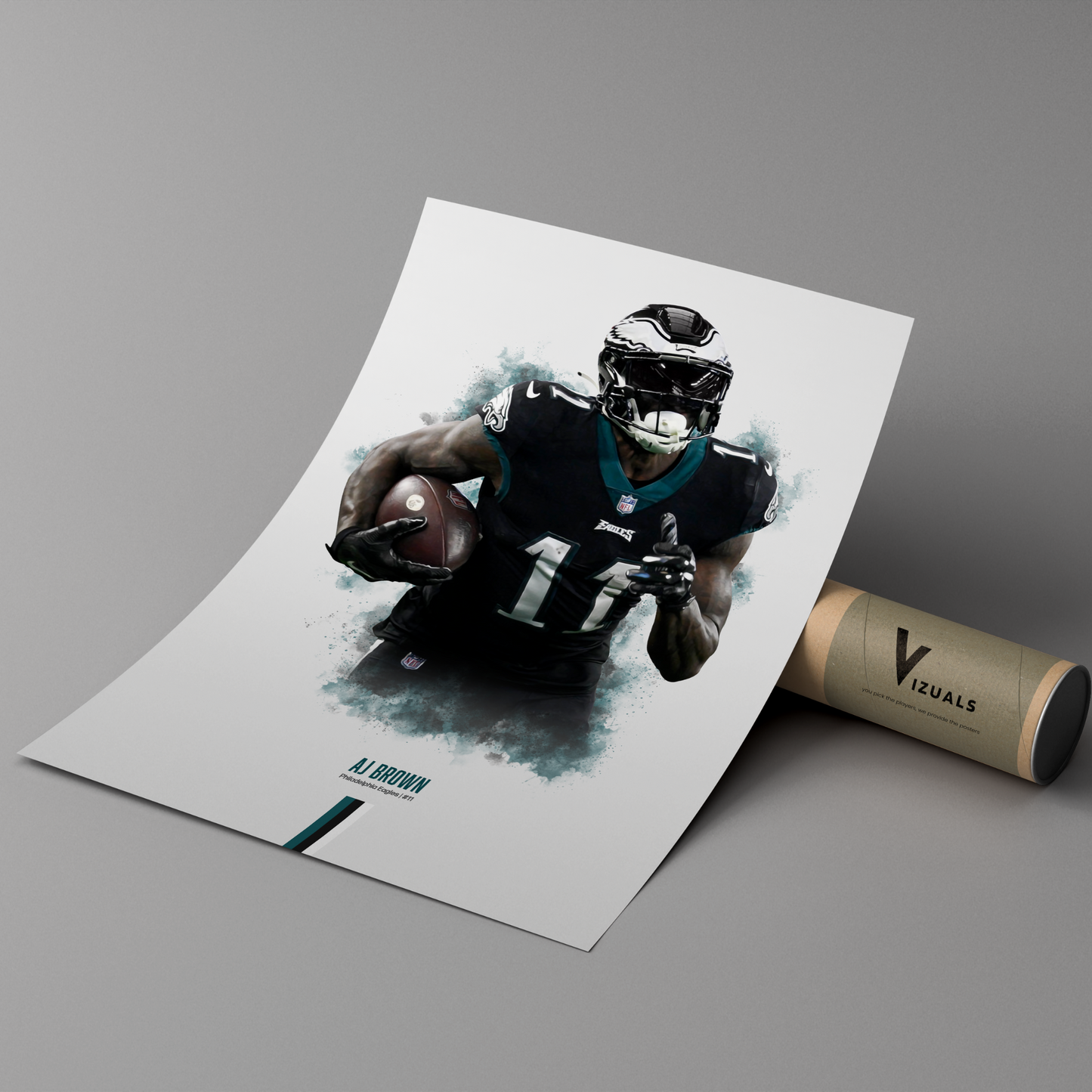 poster mockup of football player aj brown leaning on a cardboard tube