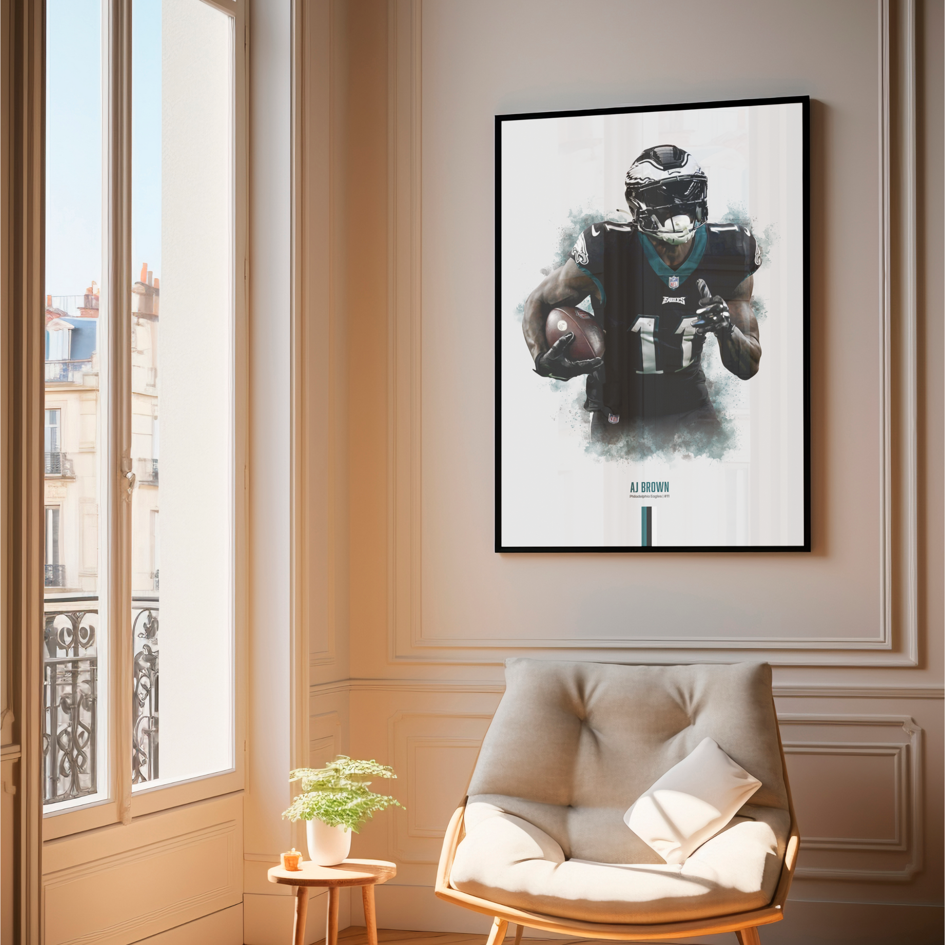 framed poster mockup of football player aj brown hanging in a living room