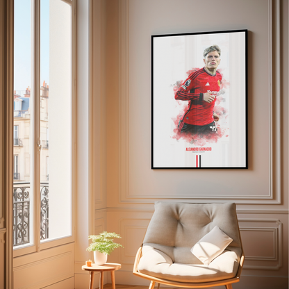 framed poster mockup of soccer player alejandro garnacho hanging in a living room