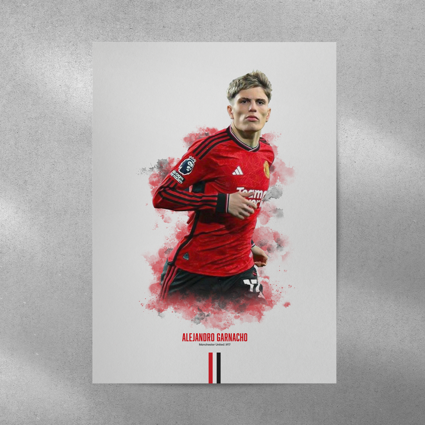 poster mockup of soccer player alejandro garnacho on a grey wall